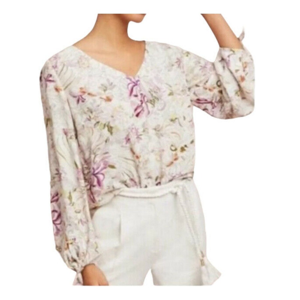 Maeve by Anthropologie Floral V-Neck Balloon Sleeve Tie Cuff Blouse Medium Cream